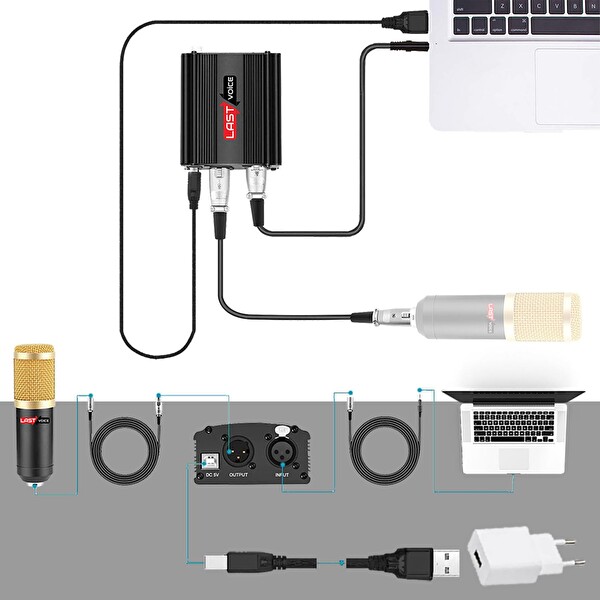 Lastvoice PH-1000SX +48V USB Phantom Power Ses Kartı (XLR Kablo 7.1 Kart 3.5 MM Jack Kablo Adaptör)