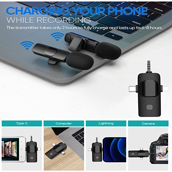 Daytona K9-C2 Wireless 3in1 (Kablosuz Mikrofon) Type-C - Lightning -3.5mm Jak Çiftli Yaka Mikrofonu