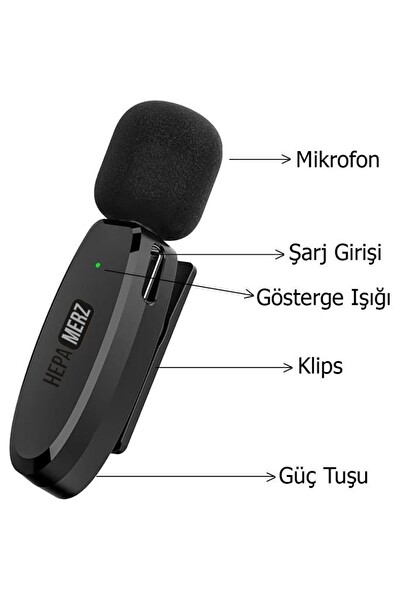 Hepa Merz R-32 Kaliteli Çiftli Kablosuz Yaka Mikrofonu 3in1 iPhone Type-C ve 3.5mm Jack