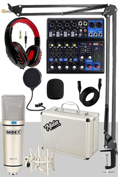Midex Mix Paket-4 Stüdyo Podcast Kayıt Ekipman Seti CX1 Mikrofon MDX-06FXU Mixer