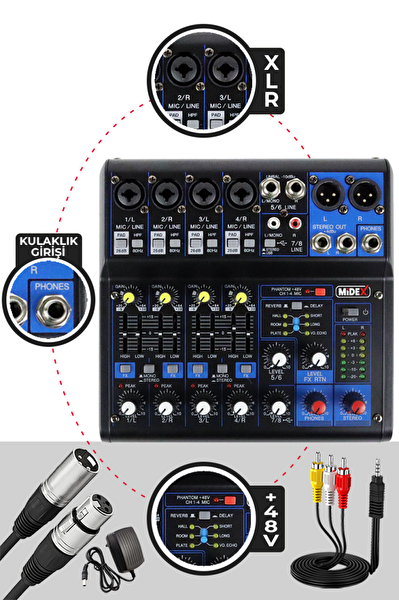 Midex Mix Paket-4 Stüdyo Podcast Kayıt Ekipman Seti CX1 Mikrofon MDX-06FXU Mixer