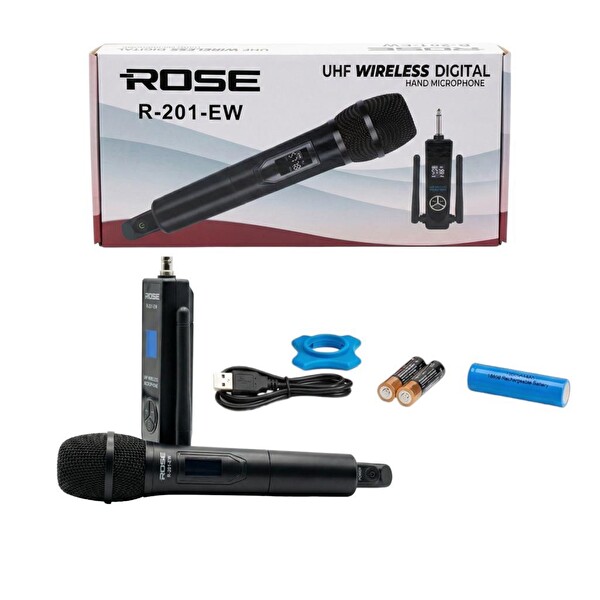 Rose R-201-EW UHF Sabit Frekanslı Kablosuz Telsiz El Mikrofon Tekli Siyah
