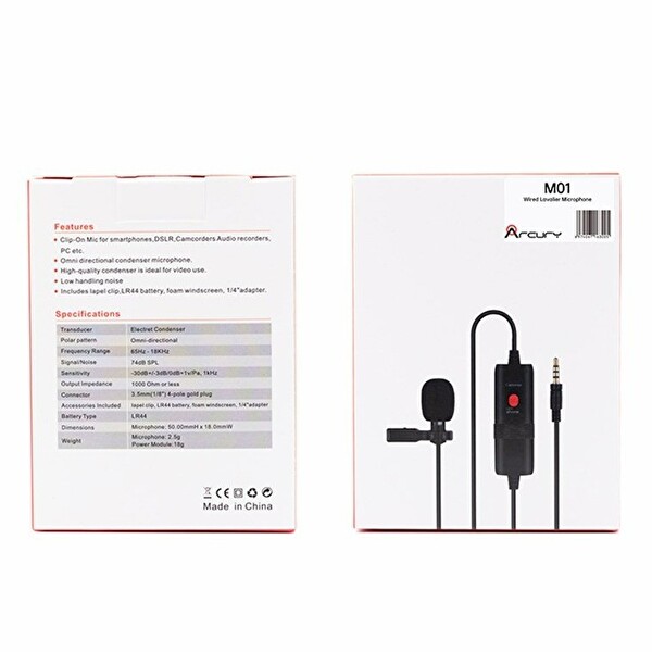 Arcury M01 Yaka Mikrofonu (Kablolu Clip-On Lavalier Mikrofon)
