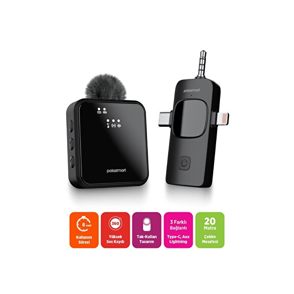 Polosmart PBS159 Kablosuz Yaka Mikrofonu Siyah