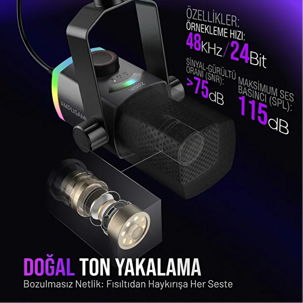 Fifine Ampligame AM8PROT XLR-USB RGB Dinamik Beyaz Mikrofon Seti