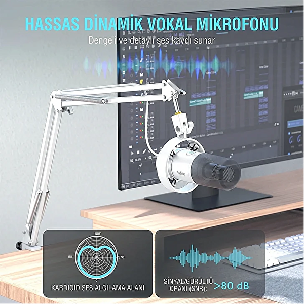 Fifine AmpliTank K688CT XLR/USB RGB Dinamik Beyaz Yayıncı Mikrofon Seti