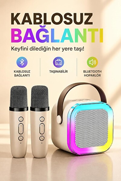 Coverzone Kablosuz Mikrofonlu Karaoke Makinesi ENT- Taşınabilir Bluetooth Hoparlör Seti Bas Tiz Ayarlı Retro Hoparlör Yetişkinler