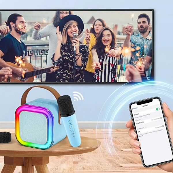 Coverzone Kablosuz Mikrofonlu Karaoke Makinesi Taşınabilir Bluetooth Hoparlör ENT Seti Bas Tiz Ayarlı Retro Hoparlör