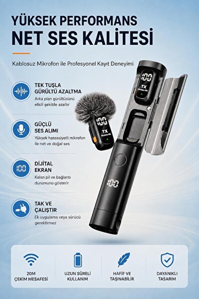 Coverzone QY99 Gürültü Azaltma Dijital Ekranlı Kablosuz Yaka Mikrofonu