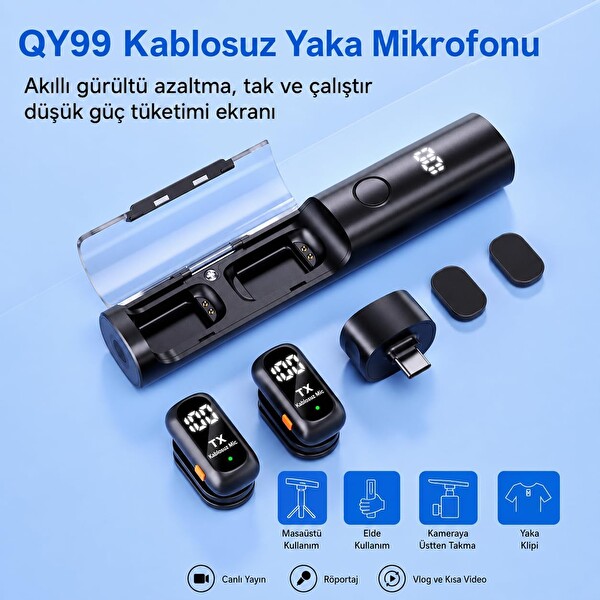 Coverzone QY99 Gürültü Azaltma Dijital Ekranlı Kablosuz Yaka Mikrofonu