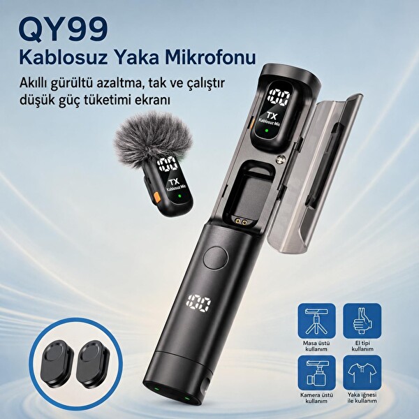 Coverzone QY99 Gürültü Azaltma Dijital Ekranlı Kablosuz Yaka Mikrofonu
