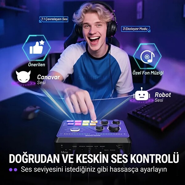 Fifine Ampligame SC8 USB Oyuncu Ses Mikseri Beyaz