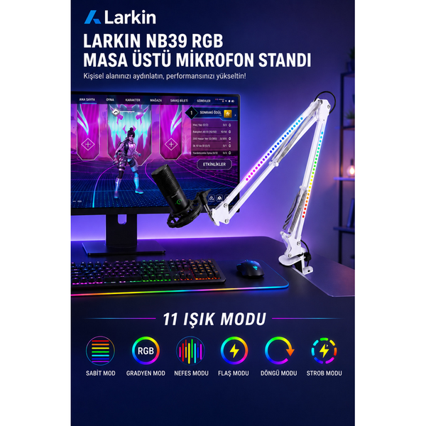 Larkin NB39 RGB Demir Masa Üstü Yayıncı Mikrofon Standı Beyaz