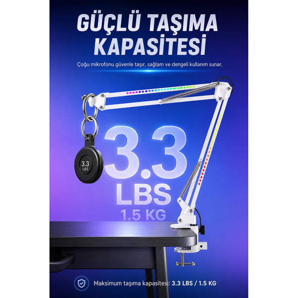 Larkin NB39 RGB Demir Masa Üstü Yayıncı Mikrofon Standı Beyaz