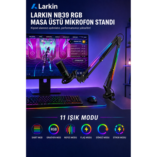 Larkin NB39 RGB Demir Masa Üstü Yayıncı Mikrofon Standı Siyah