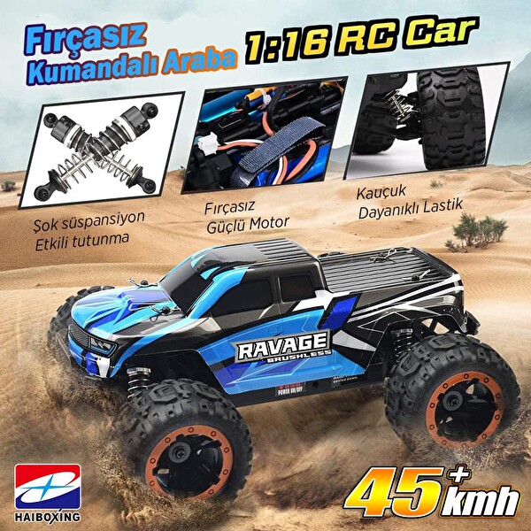 Haiboxing 1/16TH Scale 4WD Brushless Truck RTR Mavi Uzaktan Kumandalı Araba - 1500 mAh 7.4V 2S 30C Lipo Batarya
