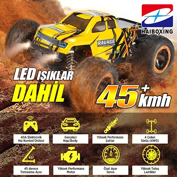 Haiboxing 1/16TH Scale 4WD Brushless Truck RTR Sarı Uzaktan Kumandalı Araba - 1300 mAh 7.4V 2S 30C Lipo Batarya