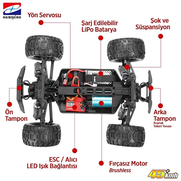 Haiboxing 1/16TH Scale 4WD Brushless Truck RTR Turuncu Uzaktan Kumandalı Araba - 1500 mAh 7.4V 2S 30C Lipo Batarya