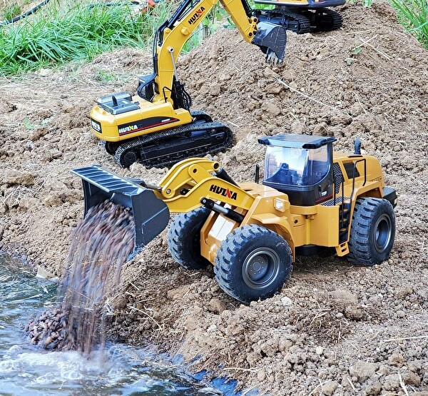 Huina 1/14 10 Kanal Full Metal Profesyonel RC Model Wheel Loader Uzaktan Kumandalı Damper İş Makinası