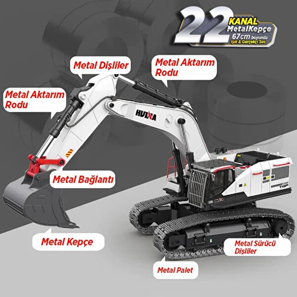 Huina 1/14 Profesyonel 22 Kanal RC Model 4 Farklı Kepçeli Ekskavatör Kazıcı Uzaktan Kumandalı Çok Fonksiyonlu İş Makinesi