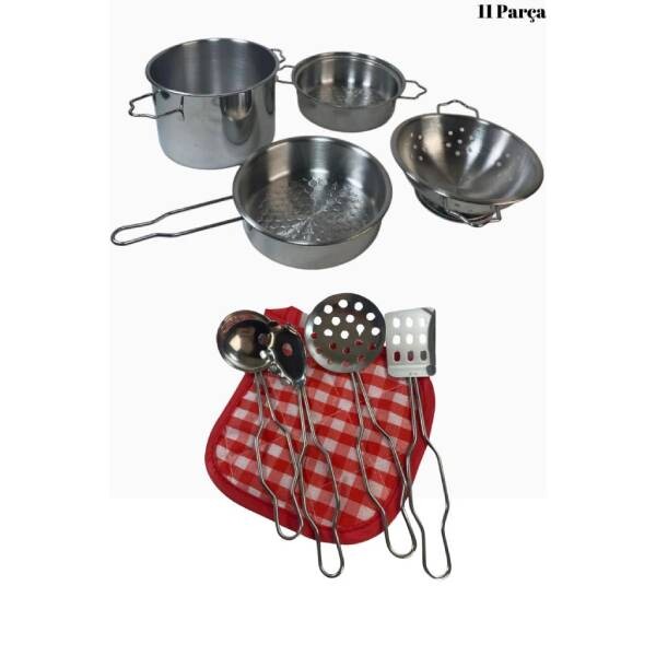 Vardem 11 Parça Oyuncak Metal Emaye Tencere ve Paslanmaz Tava Seti ATF-3815-6