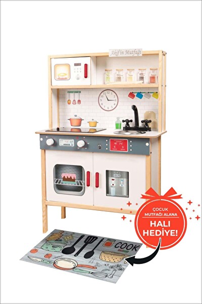 Rozitoys Ledli Ahşap Montessori Çocuk Oyuncak Mutfak - Hediye Halı DBK101