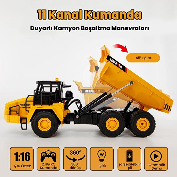 Huina 1553 1/24 Yüksek Kalite 11CH RC Model 2.4G Sesli ve Işıklı Damperli Kamyon Uzaktan Kumandalı Çok Fonksiyonlu İş Makinesi