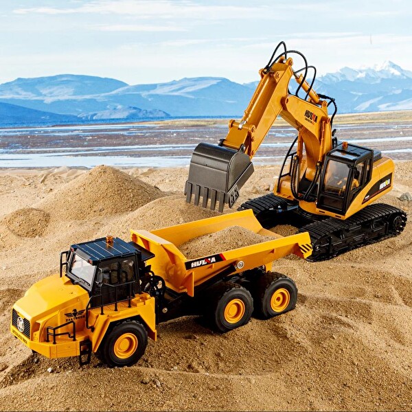 Huina 1553 1/24 Yüksek Kalite 11CH RC Model 2.4G Sesli ve Işıklı Damperli Kamyon Uzaktan Kumandalı Çok Fonksiyonlu İş Makinesi