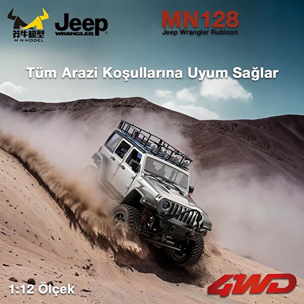 MN Model MN128 1/12 Jeep Wrangler Rubicon 4WD RC Model Crawler Offroad Truck RTR Gümüş Uzaktan Kumandalı Araba - Dahili Işık Seti