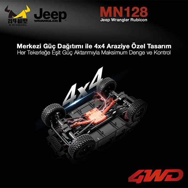 MN Model MN128 1/12 Jeep Wrangler Rubicon 4WD RC Model Crawler Offroad Truck RTR Gümüş Uzaktan Kumandalı Araba - Dahili Işık Seti