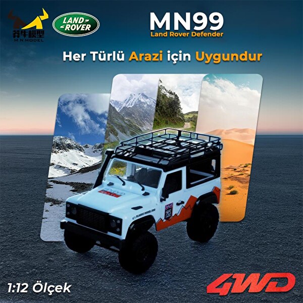 MN Model MN99 V2 1/12 Land Rover Defender D90 4WD RC Model Crawler Offroad Truck Beyaz Uzaktan Kumandalı Araba - Dahili Işık Seti