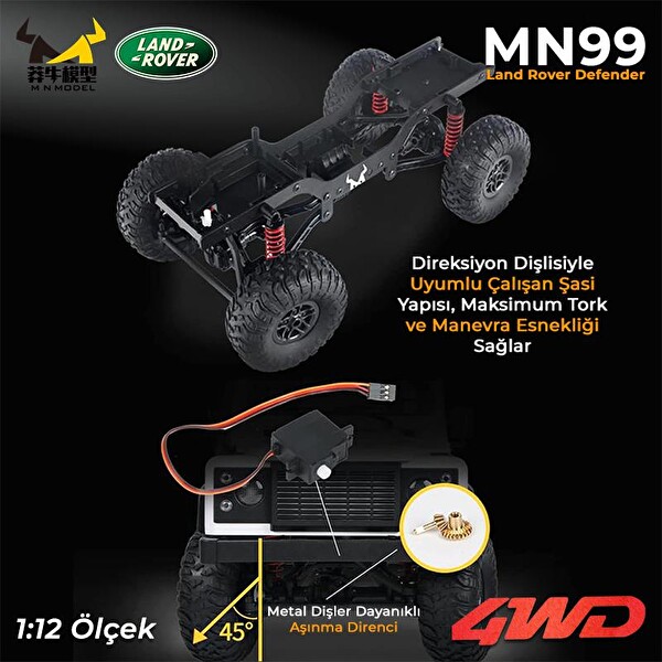 MN Model MN99 V2 1/12 Land Rover Defender D90 4WD RC Model Crawler Offroad Truck Beyaz Uzaktan Kumandalı Araba - Dahili Işık Seti