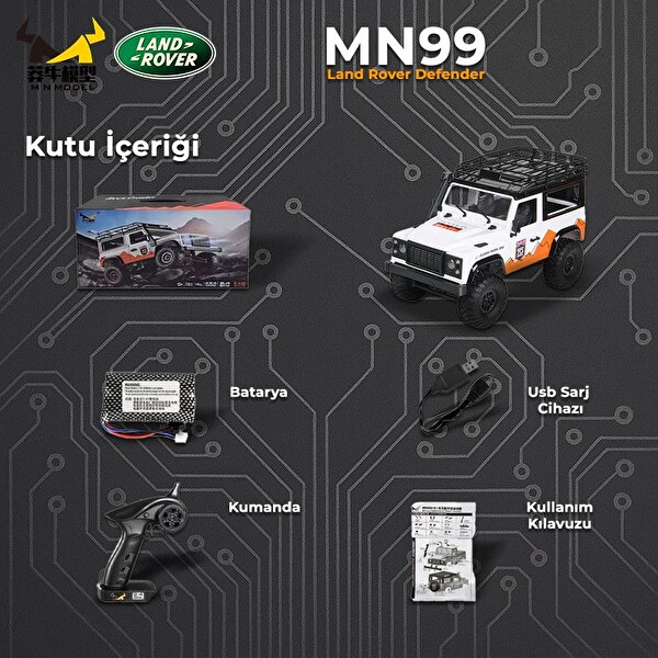 MN Model MN99 V2 1/12 Land Rover Defender D90 4WD RC Model Crawler Offroad Truck Beyaz Uzaktan Kumandalı Araba - Dahili Işık Seti