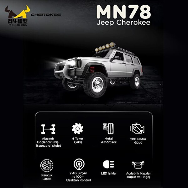 MN Model MN78 1/12 Jeep Cherokee 4x4 RC Model Crawler Offroad Truck RTR Gümüş Uzaktan Kumandalı Araba - Dahili Işık Seti