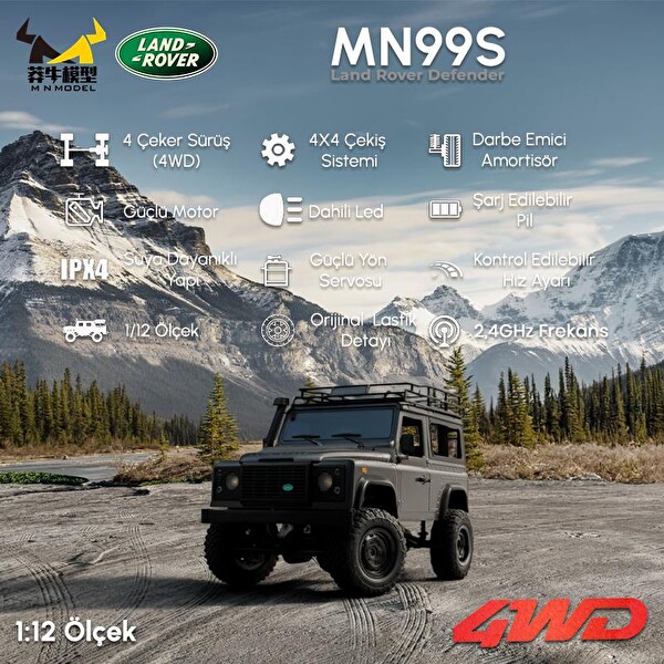 MN Model MN99S V2 1/12 Land Rover Defender 4WD RC Model Crawler Offroad Truck Gümüş Uzaktan Kumandalı Araba - Dahili Işık Seti