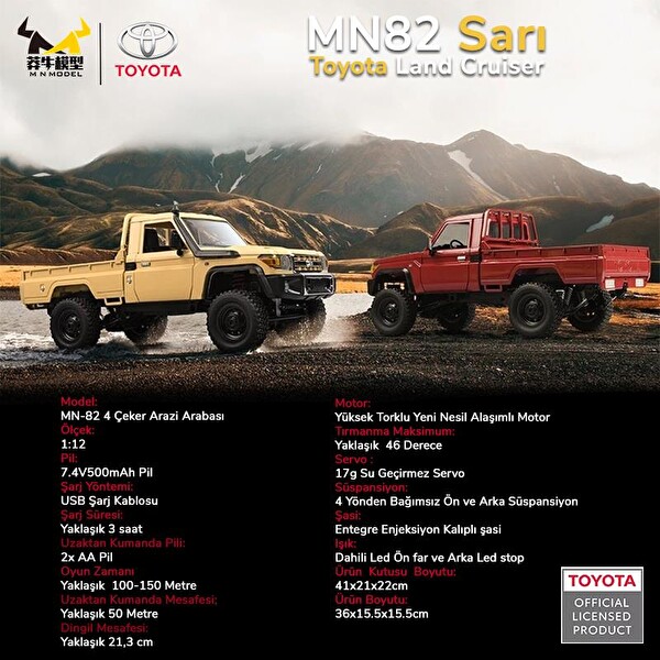MN Model MN82 1/12 Toyota Land Cruiser LC79 4WD RC Model Crawler Offroad Truck Sarı Uzaktan Kumandalı Araba