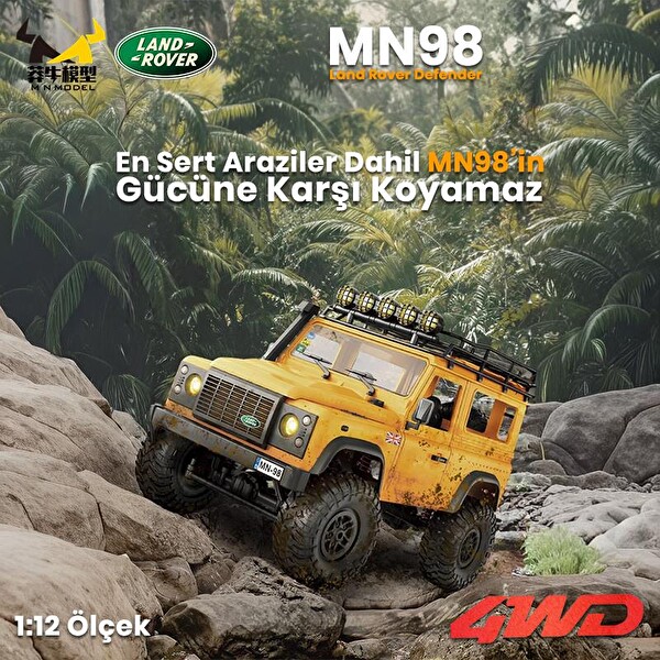 MN Model MN98 V2 1/12 Land Rover Defender D90 4WD RC Model Crawler Offroad Sarı Uzaktan Kumandalı Araba Truck - Dahili Işık Seti