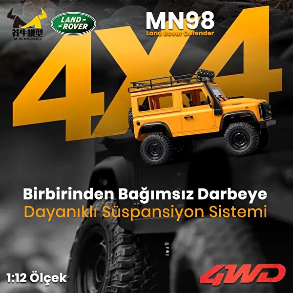 MN Model MN98 V2 1/12 Land Rover Defender D90 4WD RC Model Crawler Offroad Sarı Uzaktan Kumandalı Araba Truck - Dahili Işık Seti