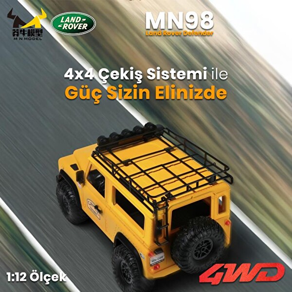 MN Model MN98 V2 1/12 Land Rover Defender D90 4WD RC Model Crawler Offroad Sarı Uzaktan Kumandalı Araba Truck - Dahili Işık Seti