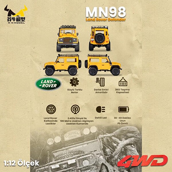 MN Model MN98 V2 1/12 Land Rover Defender D90 4WD RC Model Crawler Offroad Sarı Uzaktan Kumandalı Araba Truck - Dahili Işık Seti