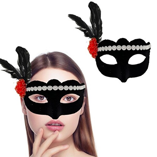 Siyah Süet Kaplama Gümüş Dantelli Kırmızı Gül Tasarımlı Parti Maskesi 18x20 CM