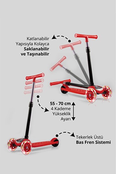 Triathlon T212 4 Kademe Ayarlanabilir Yükseklik Ayarı Arka Fren Kırmızı Katlanabilir Led Işıklı Scooter