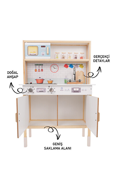 Rozitoys Ledli Ahşap Oyuncak Montessori Çocuk Mutfağı - Hediye Halı DBG102