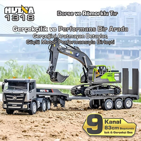 Huina 1318 1/24 RC Dorse ve Römorklu Tır Kamyon RC Model Gerçekçi Sesli ve Işıklı Uzaktan Kumandalı İş Makinesi