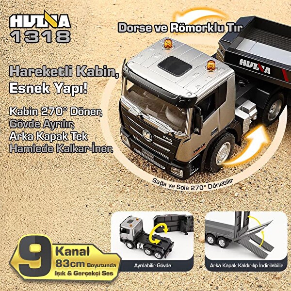 Huina 1318 1/24 RC Dorse ve Römorklu Tır Kamyon RC Model Gerçekçi Sesli ve Işıklı Uzaktan Kumandalı İş Makinesi