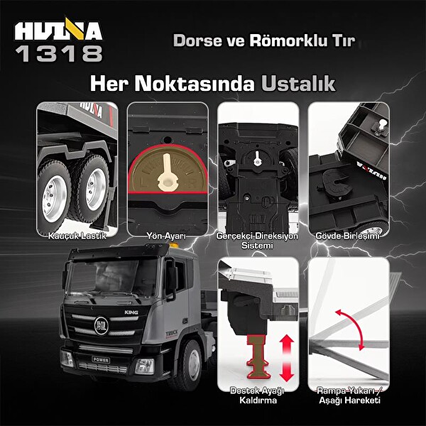 Huina 1318 1/24 RC Dorse ve Römorklu Tır Kamyon RC Model Gerçekçi Sesli ve Işıklı Uzaktan Kumandalı İş Makinesi