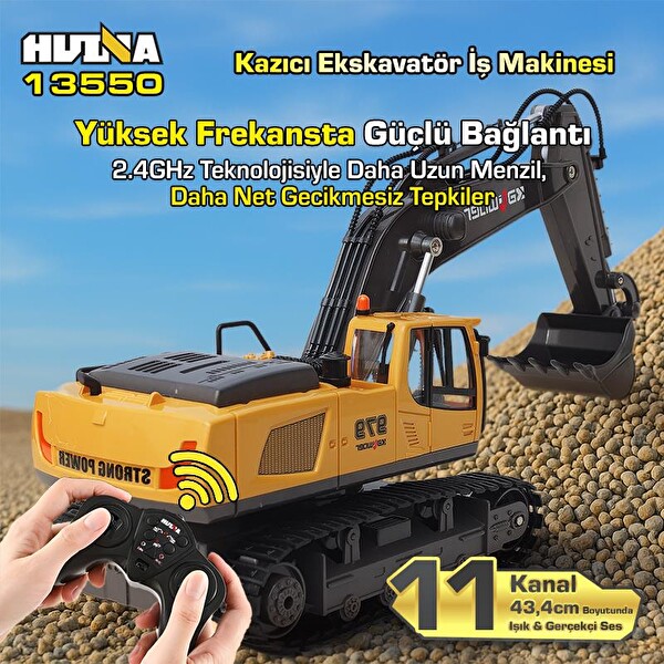 Huina Kaliwo 13550 1/18 11CH Kazıcı Ekskavatör İnşaat RC Model Sarı Sesli ve Işıklı Uzaktan Kumandalı İş Makinesi