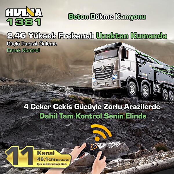 Huina 1381 1/18 11CH Beton Çimento Dökme Kamyonu İnşaat RC Model Gri Sesi ve Işıklı Uzaktan Kumandalı İş Makinesi