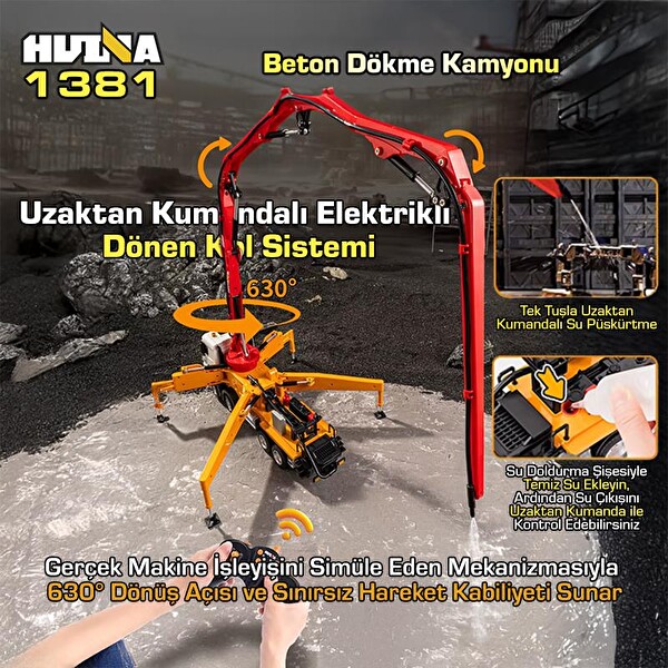 Huina 1381 1/18 11CH Beton Çimento Dökme Kamyonu İnşaat RC Model Sarı Sesli ve Işıklı Uzaktan Kumandalı İş Makinesi