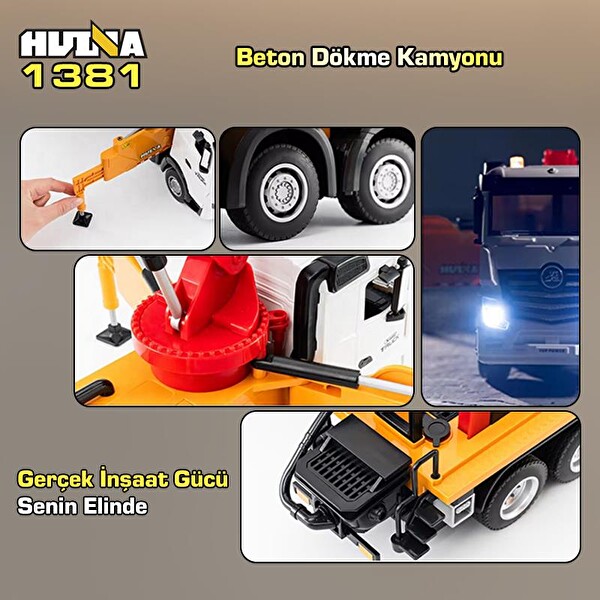 Huina 1381 1/18 11CH Beton Çimento Dökme Kamyonu İnşaat RC Model Sarı Sesli ve Işıklı Uzaktan Kumandalı İş Makinesi